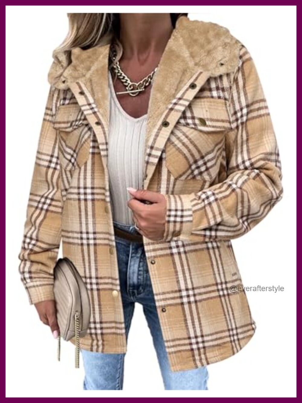 Flannel Plaid Shacket Fleece Lined Hooded Oversized Casual Jacket